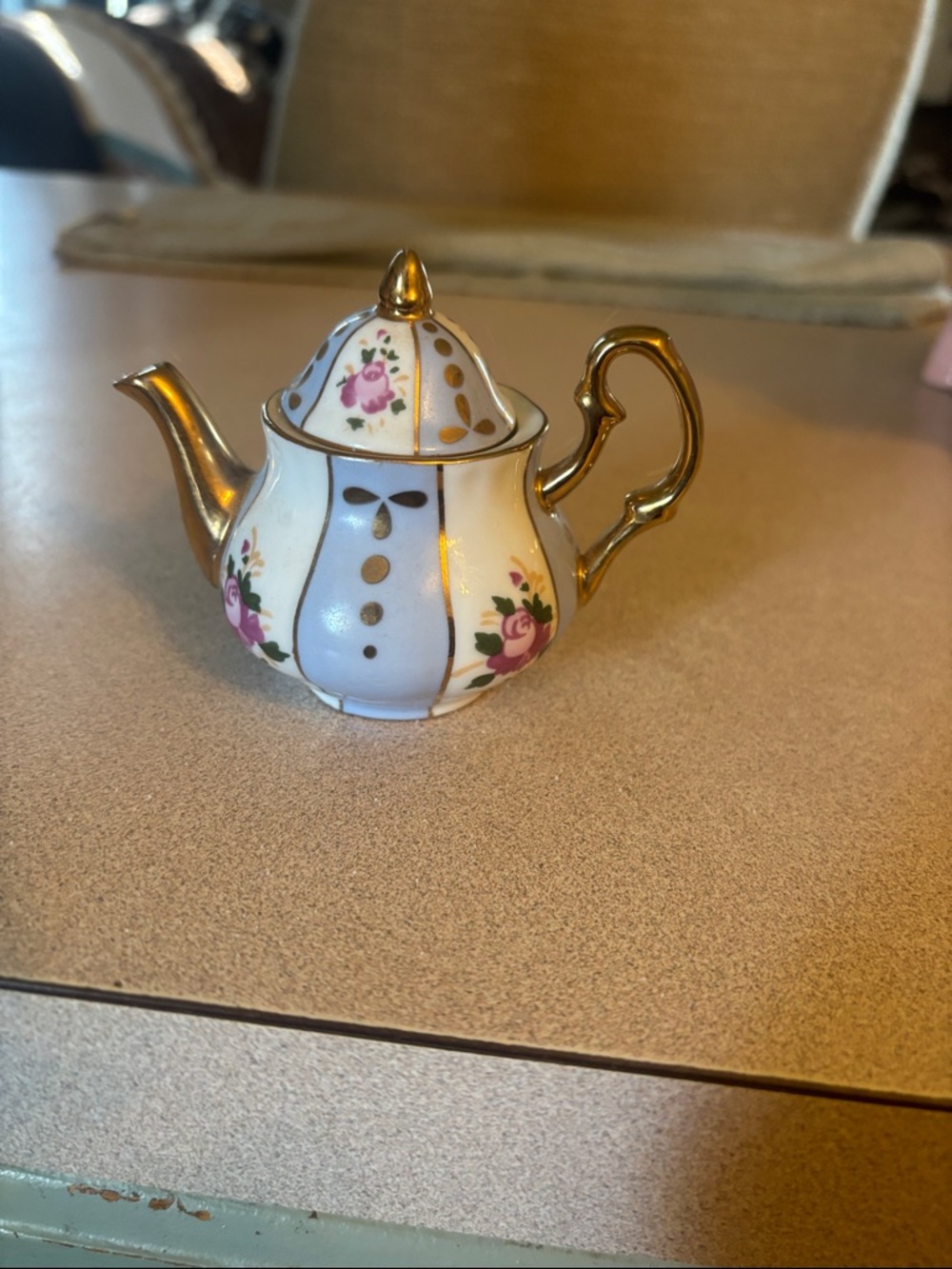 Teapot, Vintage,  Mini, Blue & White, flowers and Gold Trim